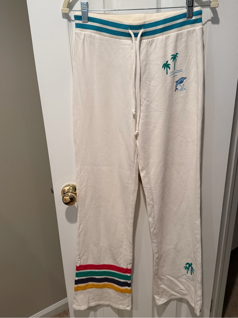 Chaser Paradise Found White Beach Lounge Pants Palm Tree Dolphin S NWT